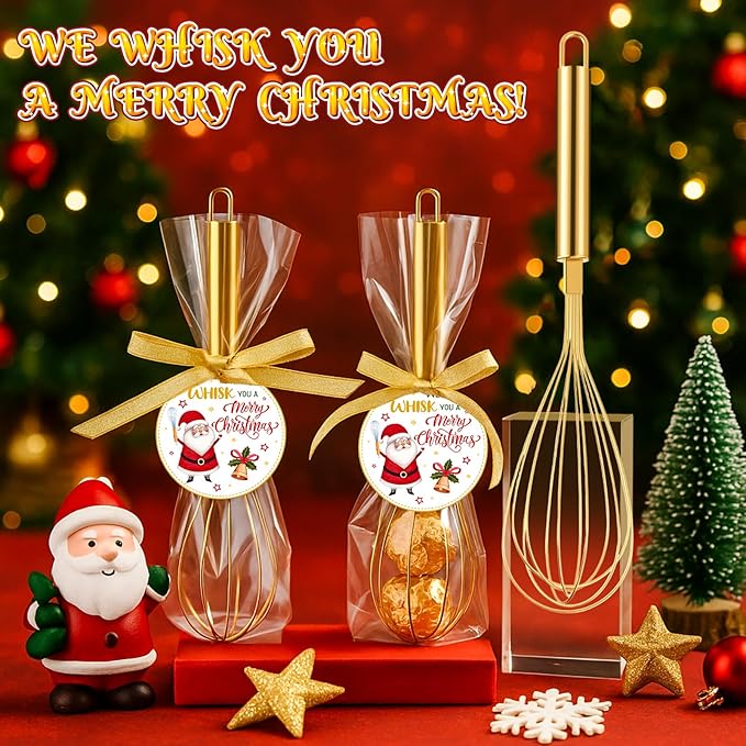 24 Sets 10 Inch Christmas Whisk Gifts Bulk Include Gold Stainless Steel Whisks Cards Bags Ribbons, Egg Beaters DIY Cooking Party Favors for Neighbor Employee Xmas Stocking Stuffers Idea