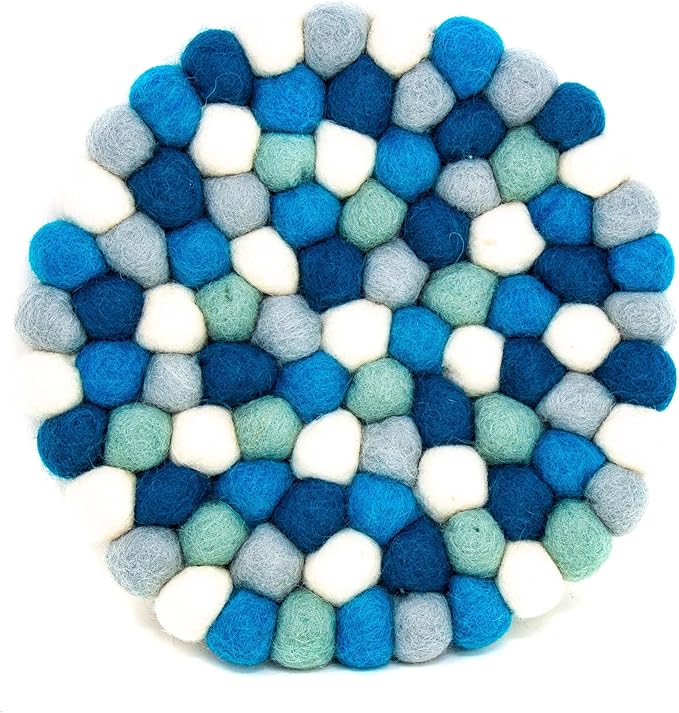 Global Crafts Hand Crafted Felt Ball Wool Trivet Mat from Nepal, 8" Round Pad, Blue Ice