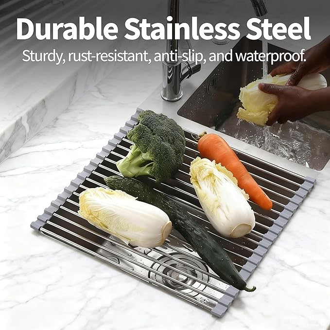 Roll Up Dish Drying Rack for Over Sink - 17.5"x15.7" Foldable Stainless Steel Kitchen Drainer,Gray
