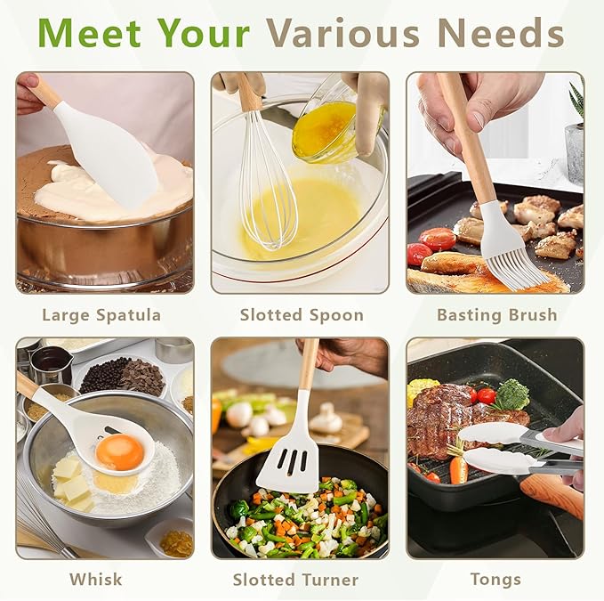 Silicone Cooking Utensils Set with Holder, 12 Pcs Heat Resistant Kitchen Utensils Set with Wooden Handle, BPA-free Spatula, Tongs, Spoons Set for Nonstick Cookware, White