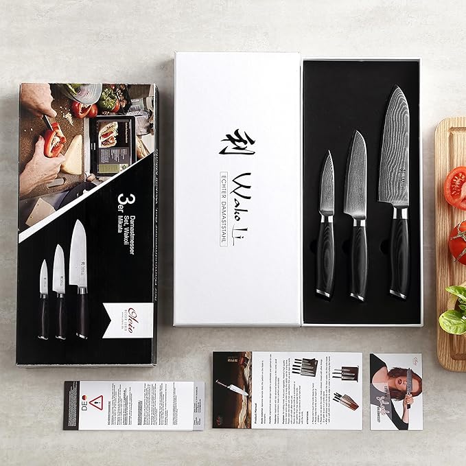 Wakoli Mikata 3-Piece Damascus Knife Set – Professional Kitchen Knife Set with VG10 Core, 67-Layer Damascus Steel and Ergonomic Micarta Handles – Premium Kitchen Knives Gift Set in Elegant Box