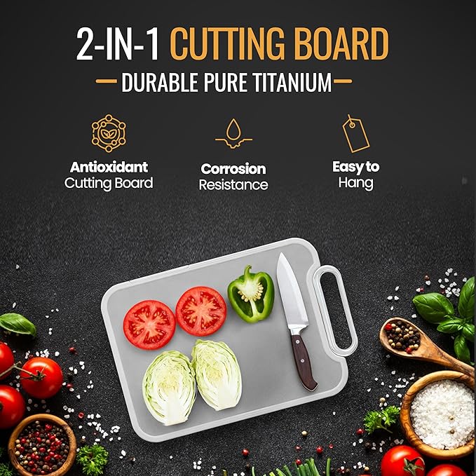 Titanium Cutting Board for Kitchen – Dual-Sided Scratchless Pure Titanium & PP Surface, Non-Slip, Rust-Proof, Odor Resistant, Dishwasher Safe Premium Chopping Board for Meat & Vegetables