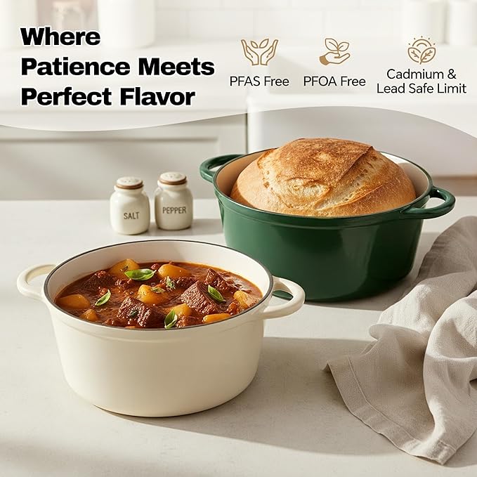 6.5 Quart Dutch Oven Pot with Lid, Non Stick Enameled Cast Iron Dutch Oven for Bread Baking, Heavy-Duty, Oven Safe Ceramic Cookware Up to 500°F for Baking, Braising, Stews, Roasting, Beige
