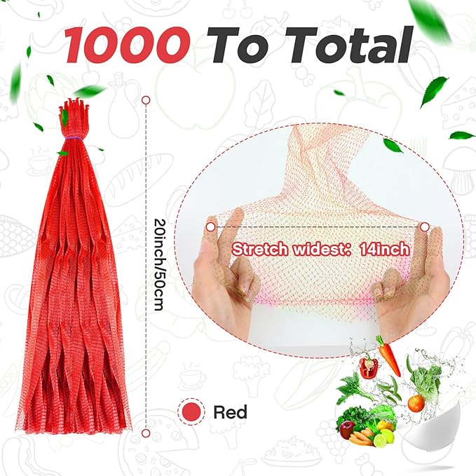 Windyun 1000 Pcs 20 Inch Mesh Produce Bags Reusable Nylon Netting Bulk, Fits Storage Egg Vegetable Seafood Fruits Grocery Bags (Red)