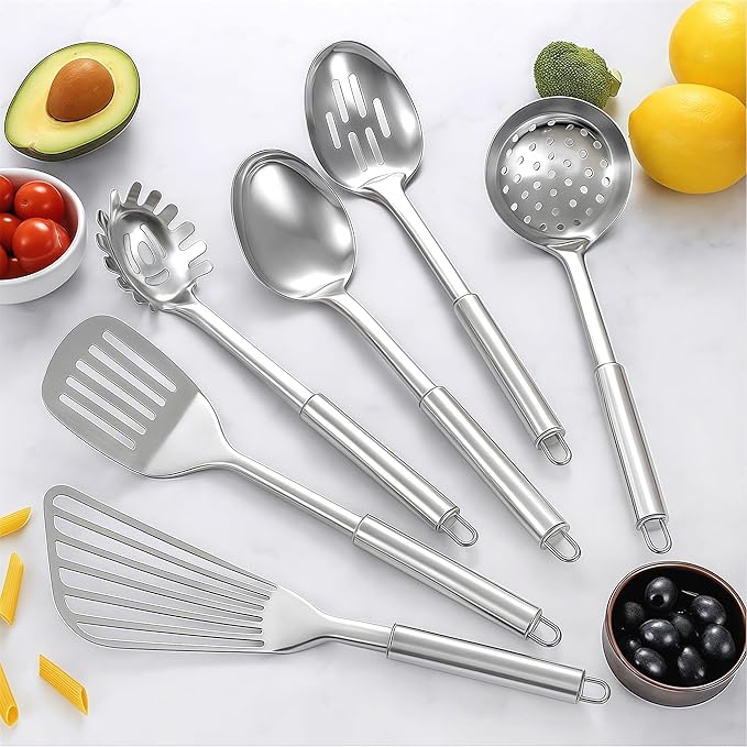Stainless Steel Kitchen Utensils Set - 12pcs Cooking Utensils Set with Holder, Heat Resistant Kitchen Tool Set for Cooking with Turners, Potato Masher, Spatula, Spoons, Tongs, Whisk