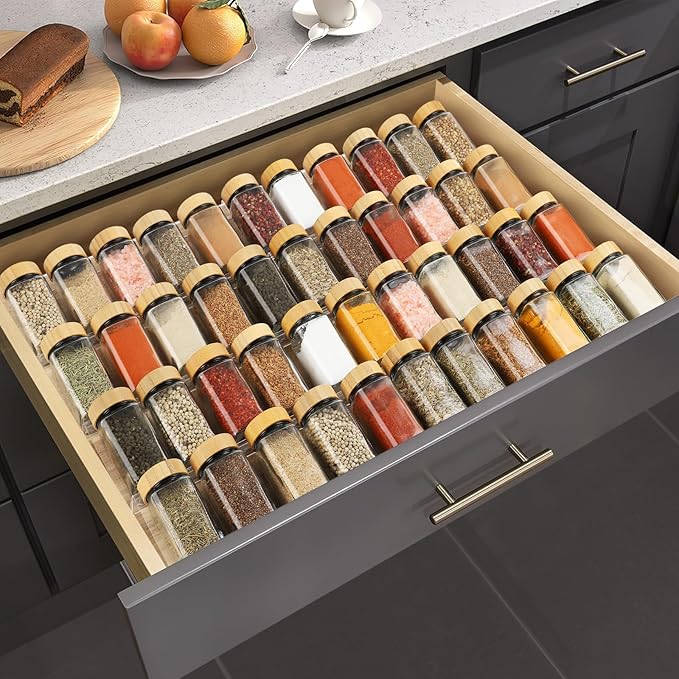 Spice Drawer Organizer 4 Tier, Acrylic Seasoning Organizer Rack, Clear Spice Rack Tray, Kitchen Seasoning Jars Drawers Insert (Jars Not Included/ Expandable From 13" to 26")
