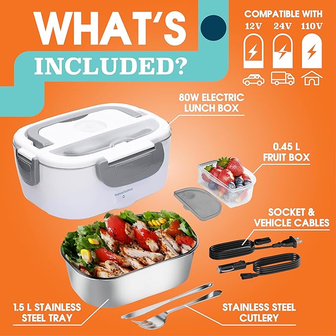 TRAVELISIMO Electric Lunch Box for Adults 80W Heated Lunch Box For Men 1.5L Stainless Steel Portable Food Warmer, 12/24/110V Electric Food Warmers for Travel & Work, Loncheras Para Hombres de Trabajo