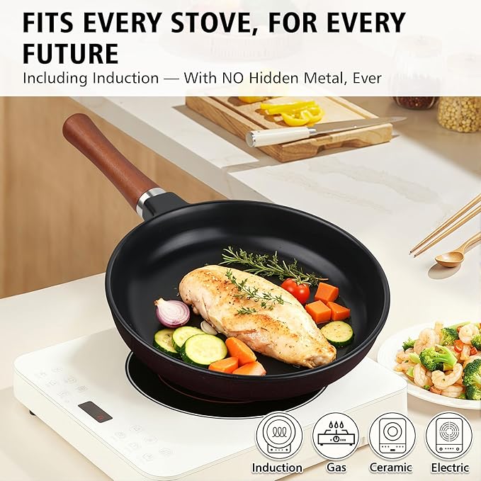 Pure Ceramic Frying Pan Skillet, One-Piece Construction Ensures No Coatings & No Metal, SGS-Certified Non-Toxic, Naturally Nonstick for All Cooktops, 10-inch (Black)