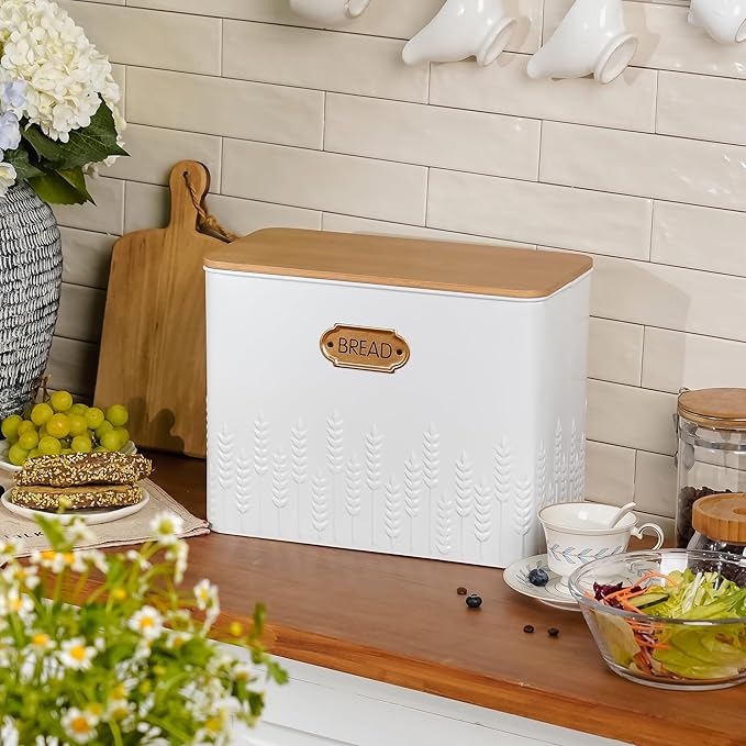 Extra Large Bread Box for Kitchen Countertop Corner Breadbox for Homemade Bread Metal White Ear of Wheat Pattern Embossed Storage Container Bin with Bamboo Lid Fits 2 Loaves of Bread