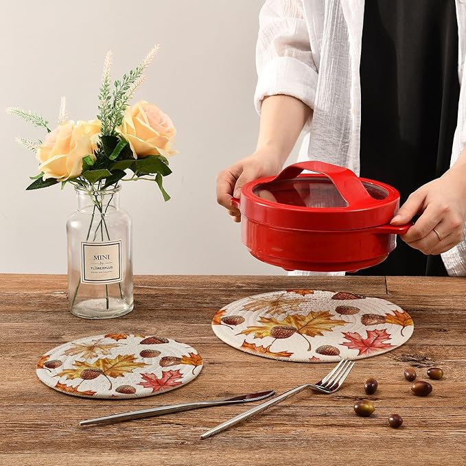 Maple Leaves Acorns Kitchen Trivets Pot Holders Set of 2, Trivets for Hot Pots Dishes Woven Trivet Coaster Pad Mat for Counter