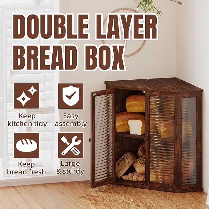 Corner bread box Bread Box for Kitchen Countertop - Corner Bread Storage Box 16.51" H, Premium Pine Wood with Glass Door, Perfect for Homemade Bread, Baguettes & Pastries (Pine wood)