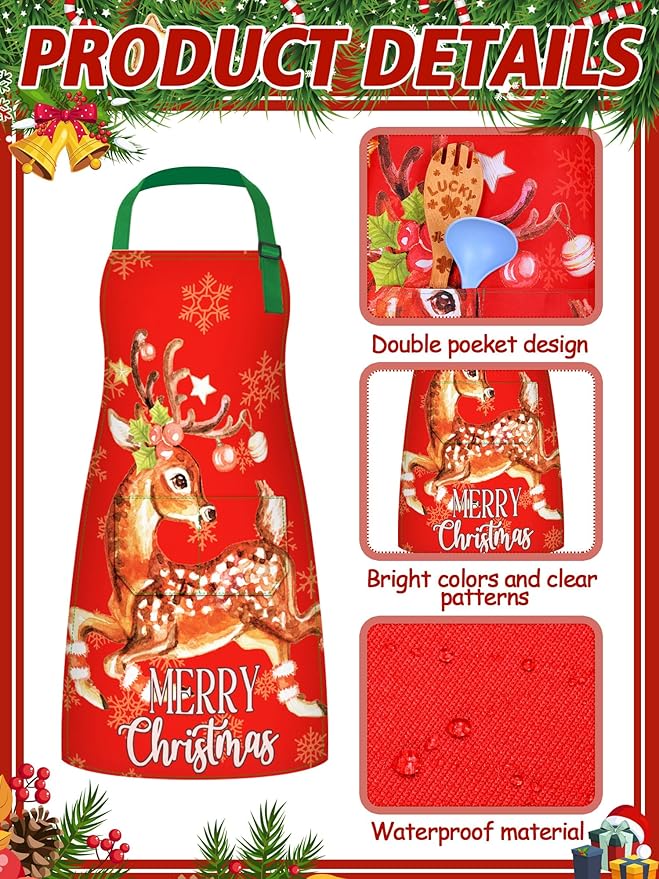 6 Pcs Christmas Aprons for Women Xmas Tree Aprons with Pockets Vintage Adjustable Baking Supplies for Adults