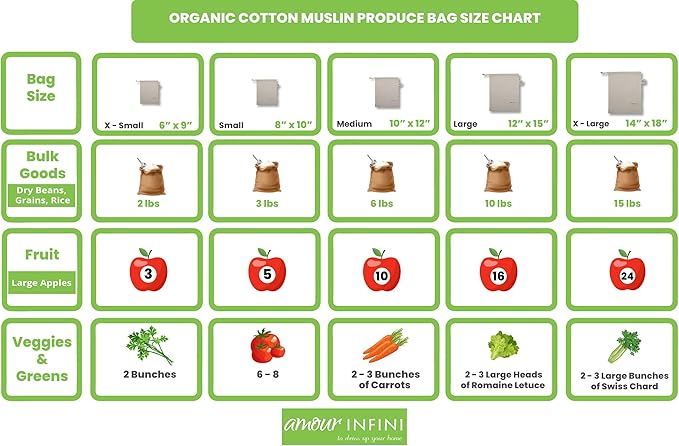 AMOUR INFINI Grocery Bags - Reusable Organic Cotton Food Safe Washable Produce Bags with Drawstrings - Set of 6 Muslin Bags for Shopping, Vegetables & Fruits Shopping Bag (2L - 2M - 2S)