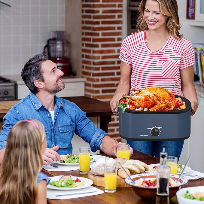 24 Quart Electric Roaster Oven with Visible & Self-Basting Lid, Large Turkey Roaster Oven with Defrost & Warm Function, Adjustable Temperature, Removable Pan & Rack, Stainless Steel, Blue