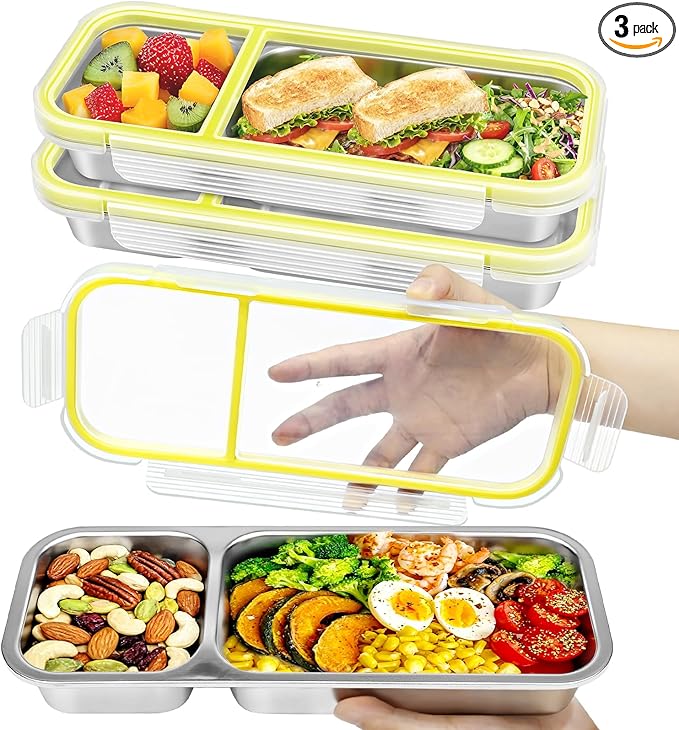 Stainless Steel Snack Containers, (3Pack) Leakproof 2 Compartment Snackle Box with Airtight Lids, Reusable Bento Box Food Storage Containers for Lunch Travel Picnics Office