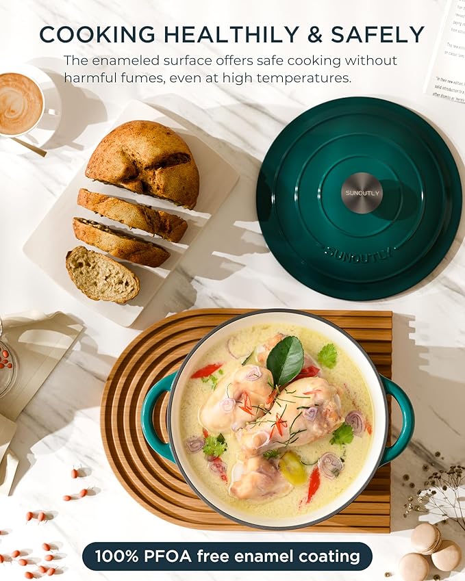 Enameled Cast Iron Dutch Oven - 4.5QT Pot with Lid & Cotton Potholders - Heavy-Duty Cookware for Braising, Stews, Roasting, Bread Baking, Oven Safe up to 500°F & Across All Stovetops, Bottle Green