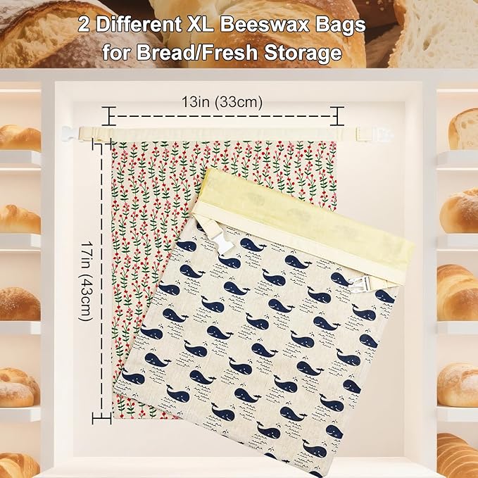 Reusable Beeswax Bread Bags for Homemade Sourdough: XL 13x17in (2 Pack) Eco-Friendly Plastic-free Food Storage | Moisture Lock Technology, Sustainable Fresh Food Preservation Solution