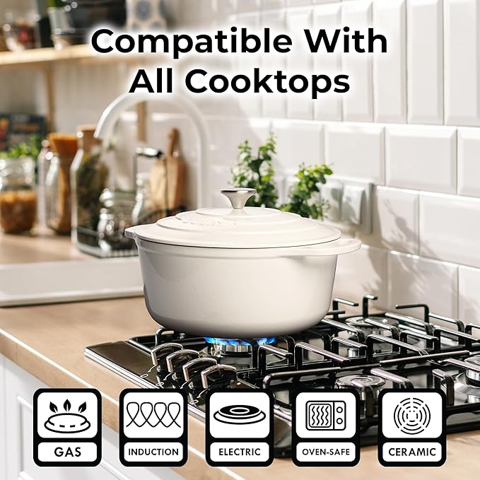 Zulay Kitchen 5 Quart Enameled Cast Iron Dutch Oven Pot with Lid – Premium Durability & Oven Safe up to 500°F – Heavy Duty Cookware Perfect for Bread Baking, Stews, Braising & Roasting – White