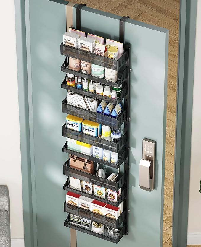 Aupekro 10-Tier Over the Door Pantry Organizer Rack, Pantry Door Organizer Shelves, Adjustable Hanging Spice Rack Seasoning Shelves, Large Capacity Door Storage Shelf for Kitchen, Bathroom (Black)