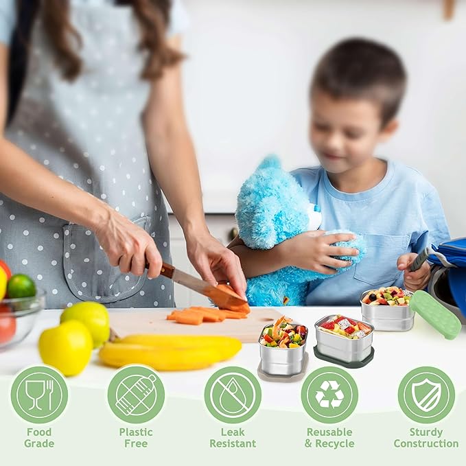Homikit 3 Pack Snack Containers for Kids, 18/10 Stainless Steel Toddler Lunch Box with Silicone Lids, Reusable Bento Food Container Set for School Daycare, Nontoxic & Leak Proof, Green/Khaki/Gray