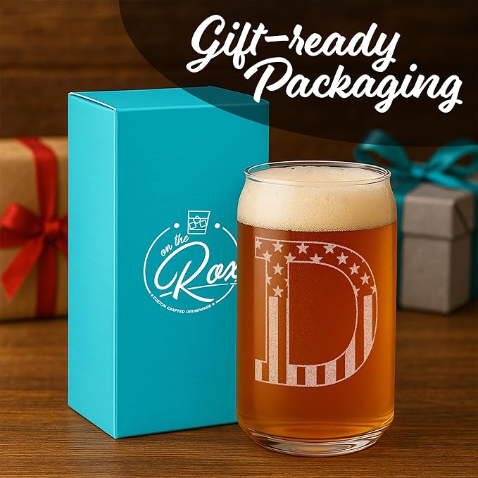 Monogram Beer Glasses for Men (A-Z) 16 oz - Beer Gifts for Men Brother Son Dad Neighbor - Unique Gifts for Him - Personalized Drinking Gift Beer Glass Mugs - Engraved Beer Can Glass (D)