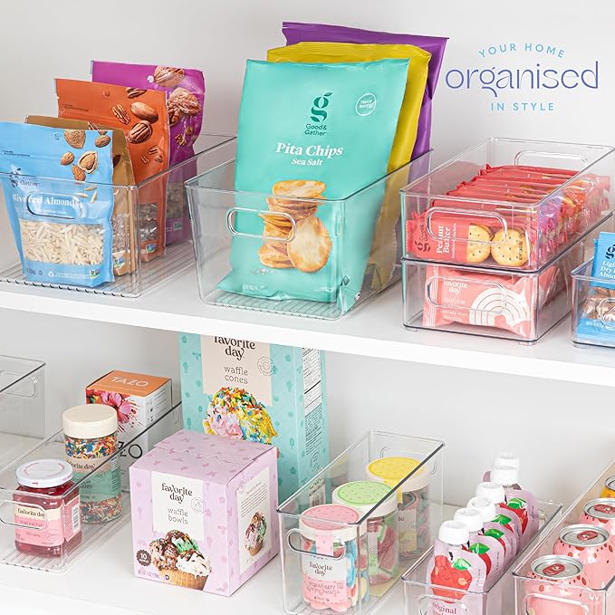 primebox Plastic Food Storage 8 Pack Clear Container Bin with Handles for Organizing Kitchen, Pantry, Refrigerator, Freezer, Pantry, Cabinet, Closet, Bathroom. 10”x7.5”x5.3”