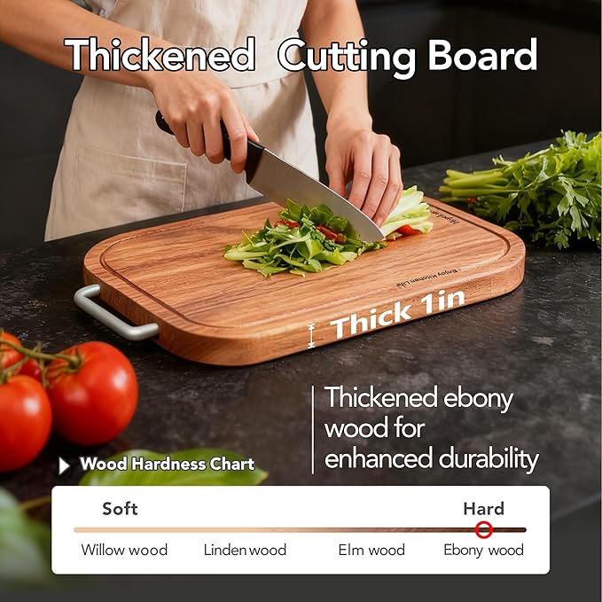 Wood Cutting Board, Solid Ebony Wooden Cutting Boards for Kitchen, Double-Sided Butcher Block with Juice Groove, Non-Slip Feet, 1" Thick Chopping Board for Meat And Vegetables (1, 16"×11")