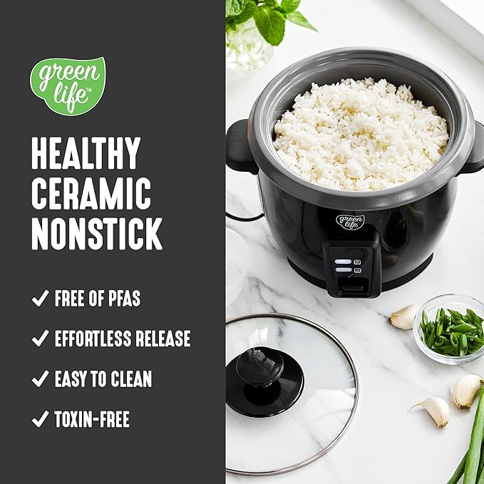 GreenLife Rice Cooker with Removable PFAS-Free Nonstick Pot, 3-Cups Uncooked/6-Cups Cooked, One-Switch Design, Auto Keep Warm Function, Soup, Grains, Oatmeal, Wood Handle, Black