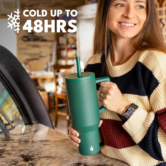 Elemental 40 oz Tumbler with Handle and Straw - Spill Proof Insulated Stainless Steel Commuter for Hot and Cold Beverages - Travel Coffee Mug with 2 Straws & Spill Proof Lid - 40oz - Forest Green