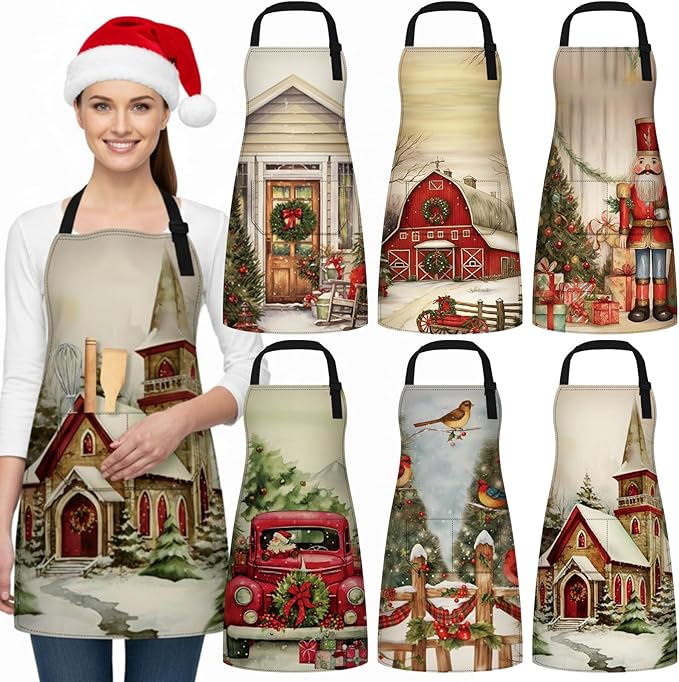 6 Pcs Christmas Aprons for Women Xmas Tree Aprons with Pockets Vintage Adjustable Baking Supplies for Adults