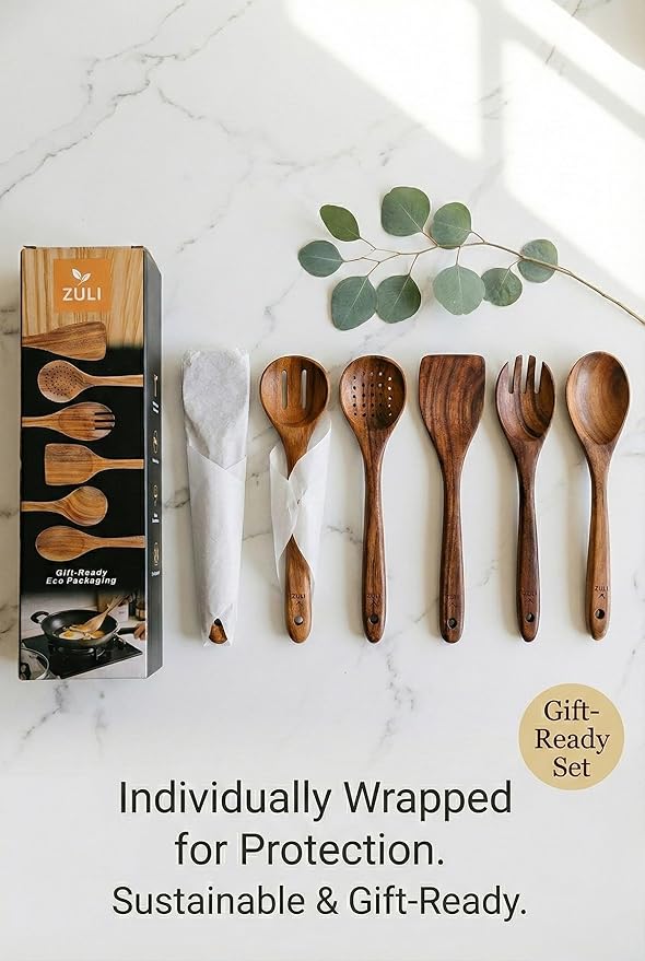6-Piece Teak Wooden Cooking Utensil Set – Spoons & Spatulas for Nonstick Cookware, Eco-Friendly Kitchen Tools, Gift-Ready & Durable