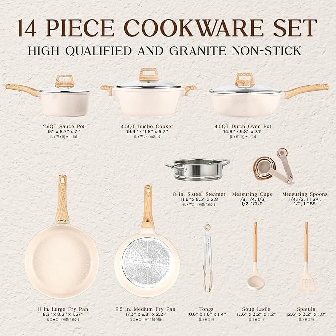 Bakken-Swiss 14-Piece Kitchen Cookware Set – Granite Non-Stick – Eco-Friendly – PFOA, PFOS, and PTFE Free for All Stoves & Oven-Safe,