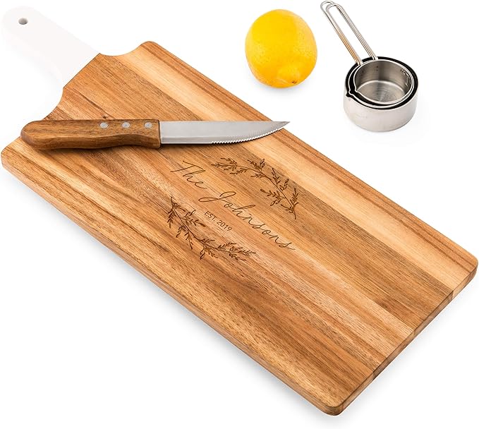 Weddingstar Personalized Wooden Cutting Board or Serving Board with White Handle 7.8" x 21"- Signature Script Etching