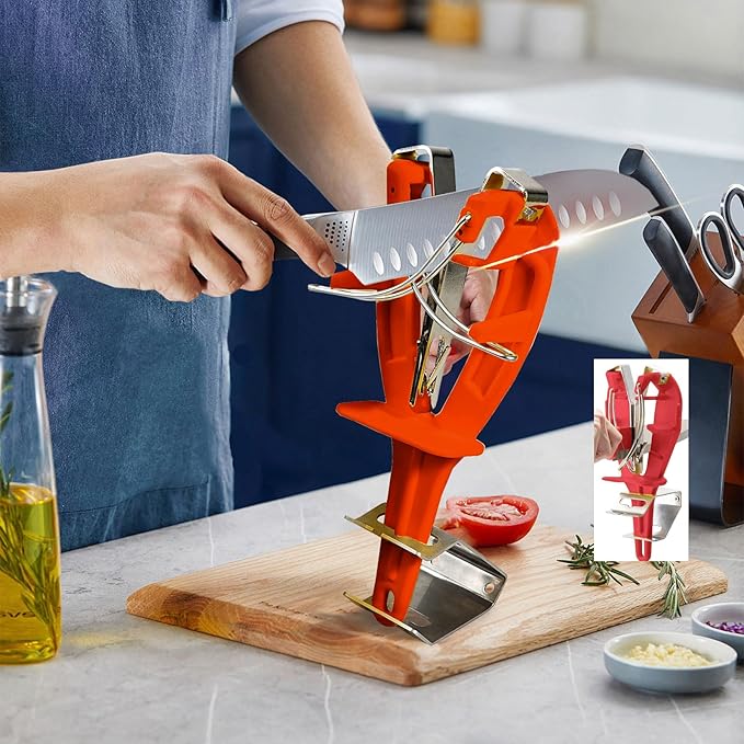 Stainless Steel Knife Sharpener Tool with Bracket, Maintenance Sharpening Tool for Kitchen Abattoirs Knives Helps Repair Sharpens, Hones, Polishes Blades (Red)