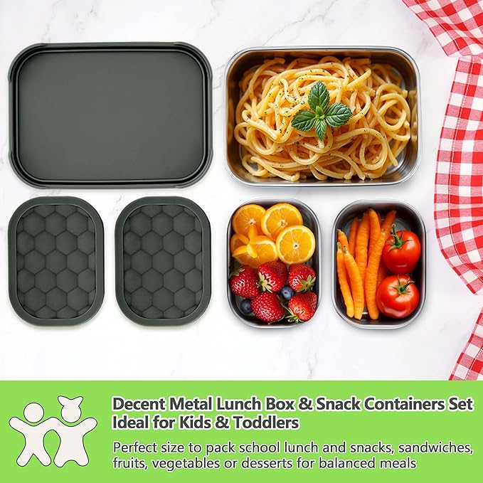 Homikit 3 Pack Kids Lunch Box Set, 18/10 Stainless Steel Bento Boxes with Silicone Lids Leak Proof, 5 Cups Reusable Metal Food Snack Containers for School Daycare, Nontoxic & Dishwasher Safe, Gray