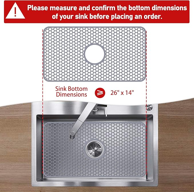 Silicone Sink Mat - Protectors for Kitchen Sink with Center Drain, 26"x 14" Kitchen Grid Accessory, Non-Slip Heat-Resistant Mat for Bottom of Farmhouse Porcelain Stainless Steel (Center Hole)