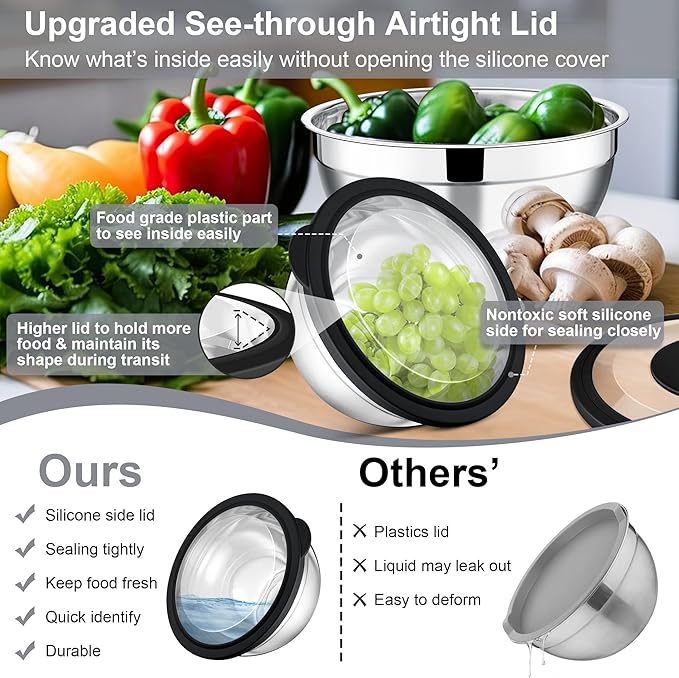 E-far Mixing Bowls with Lids and Graters, Stainless Steel Salad Mixing Bowl with Transparent Lid Set of 3, Metal Nesting Salad Storage for Kitchen Prepping/Serving/Baking, 4.6/2.6/1.5QT - Black