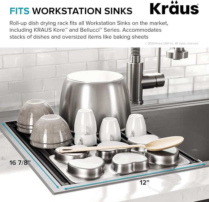 Kraus Multipurpose Workstation Sink Roll-Up Dish Drying Rack, Colander and Trivet in Light Grey, KRM-11LG