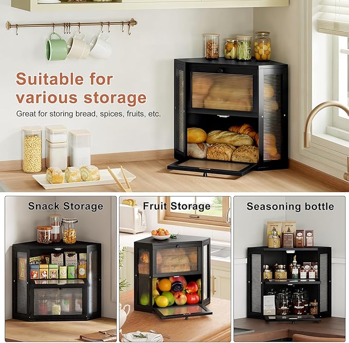 WOWLIVE Corner Bread Box for Kitchen Countertop, Double Layer Bamboo Bread Storage Container, Large Farmhouse Bread box with Acrylic Wavy Door Panel, Under Cabinet Organizer (Black, Medium)
