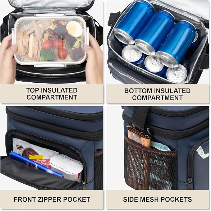 Everfun Womens Lunch Box Two Compartments Insulated Lunch Tote Bag Large Leakproof Soft Cooler for Work Picnic Travel (Blue)