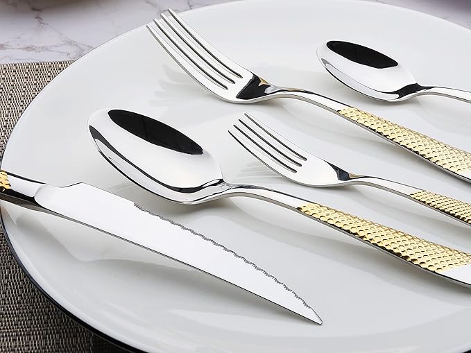 Gold Silverware Set 60-Piece Stainless Steel Flatware Cutlery Set Service for 12 Kitchen Tableware Utensil Set Includes Knives Spoons Forks For Home Kitchen Restaurant