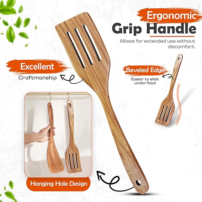 2 Pcs Wooden spoons for cooking,(Fried Spatula&Slotted Spatula). Teak wood kitchen utensils set, Long handle frying turner, Non-stick and non scratch spurtle for backing, frying and cooking.