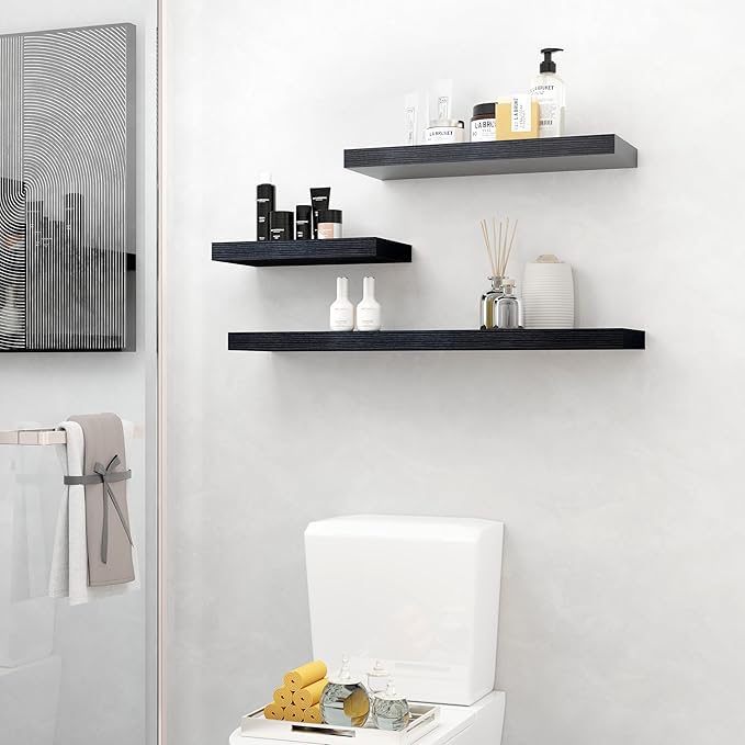 Fun Memories Floating Shelves - 2 Pack 9 Inch Deep Rustic Wooden Wall Shelves - Wall Mounted Storage Shelf with Invisible Brackets, 24" W x 9" D x 1.6" H - Black