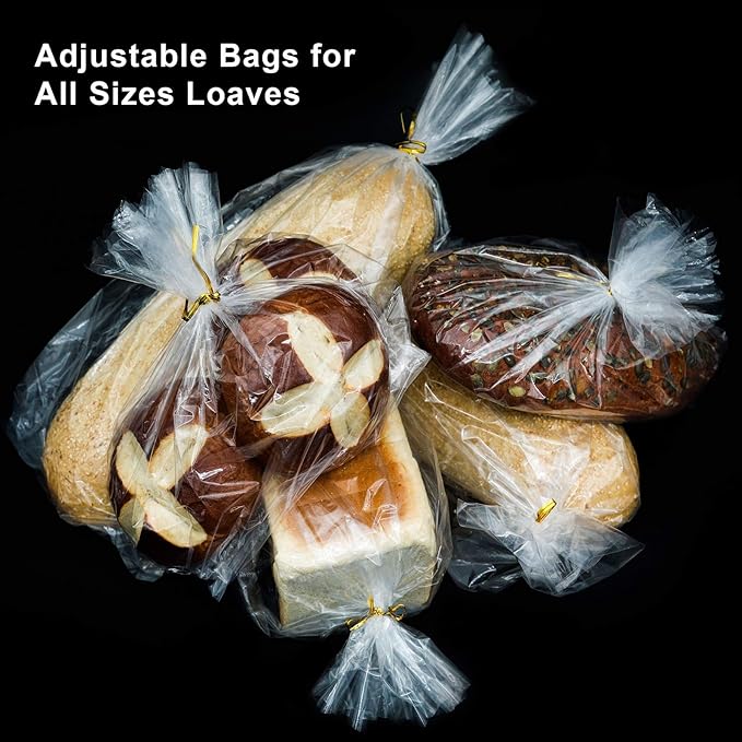 Reusable Bread Bags with Ties - 50 Clear Bags and 50 Ties, Adjustable for Homemade Bread and Bakery Loaf