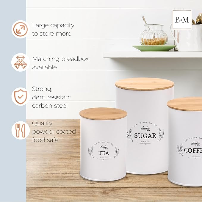 Baie Maison Extra Large White Farmhouse Bread Box for Kitchen Countertop - Bread Storage with Matching Large Kitchen Canisters Set of 3 - Coffee Tea Sugar Container Set (Bread Box & Canisters)
