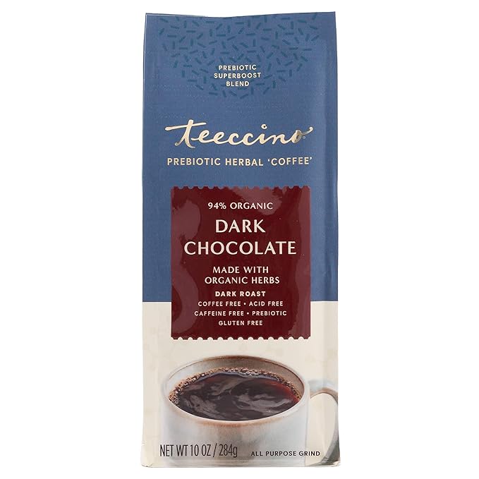 Teeccino Dark Chocolate Prebiotic SuperBoost™ Coffee Alternative - Support Probiotics with Caffeine-Free Herbal Coffee Featuring 3 Vegan Prebiotics for Gut Health, 10 Ounce