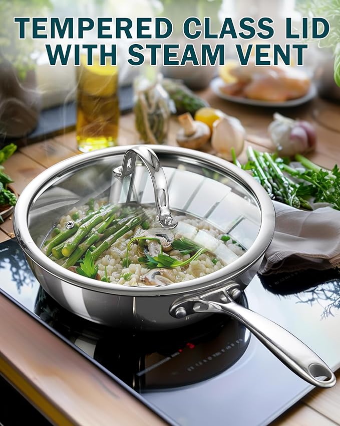 Cooks Standard Multi-Ply Clad Stainless Steel Wok Stir Fry Pan, 10.5 inch Induction Wok with Lid, Flat Bottom Wok, Silver