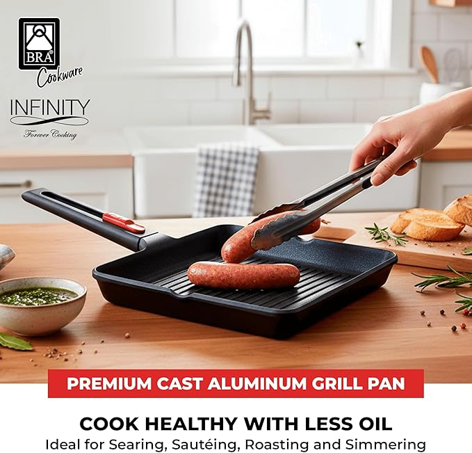 BRA COOKWARE Infinity Nonstick Ribbed Grill Pan (11x11 Inch) | Cast Aluminum Searing Skillet | PFOA/PFAS Free Square Griddle | All Cooktops (incl Induction) Grilling Skillet | Removable Handle