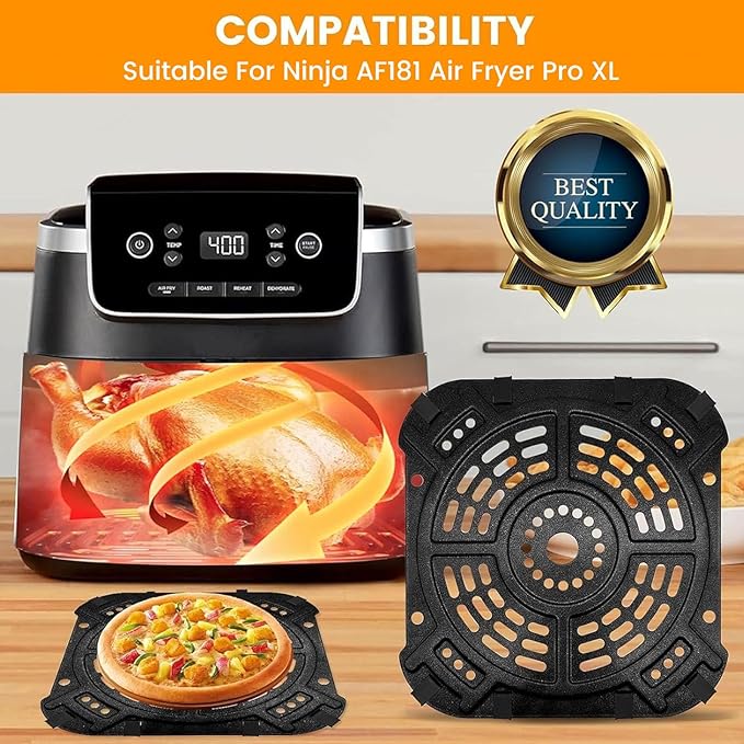 GCQ Air fryer Accessories for Ninja AF181 Air Fryer Pro XL 6-in-1 6.5 QT, 8.5''× 8.0'' Air Fryer Grill Pan Grill Plate Crisper Plate Replacement Parts Tray Rack with Rubber Bumpers, Dishwasher Safe