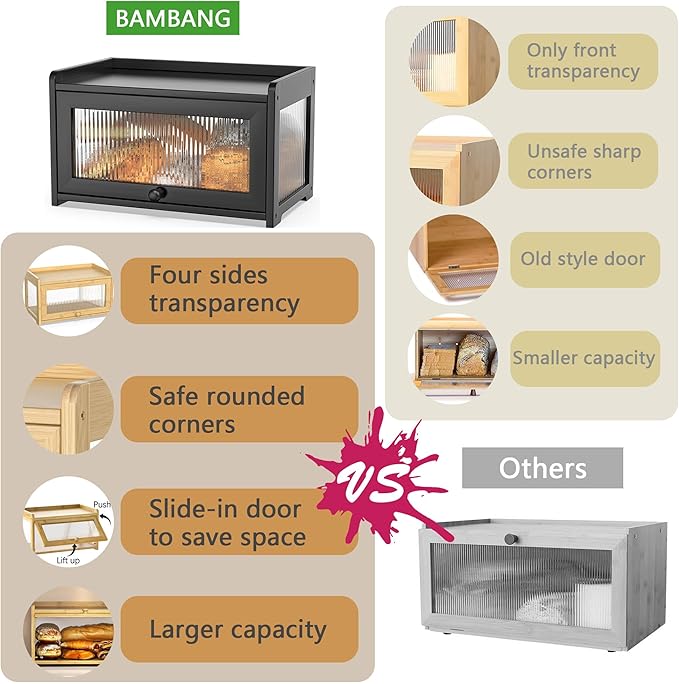 BAMBANG Bamboo Bread Box for Kitchen Counter, Large Capacity Bread Storage Container Farmhouse Bread Box with 3 Sides Wavy & Back Clear Window, Breadbox Bread Bin Holder for Homemade Bread, Black